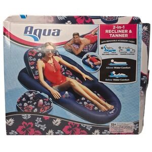 Aqua 2-in-1 Recliner and Tanner Inflatable Pool Float Navy Floral with Caddy